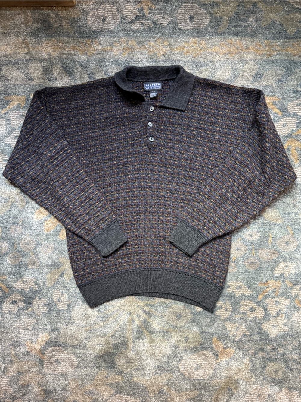 Vintage Grandpa/Dad Polo Knit Sweater - Gray with Multicolor Fleck